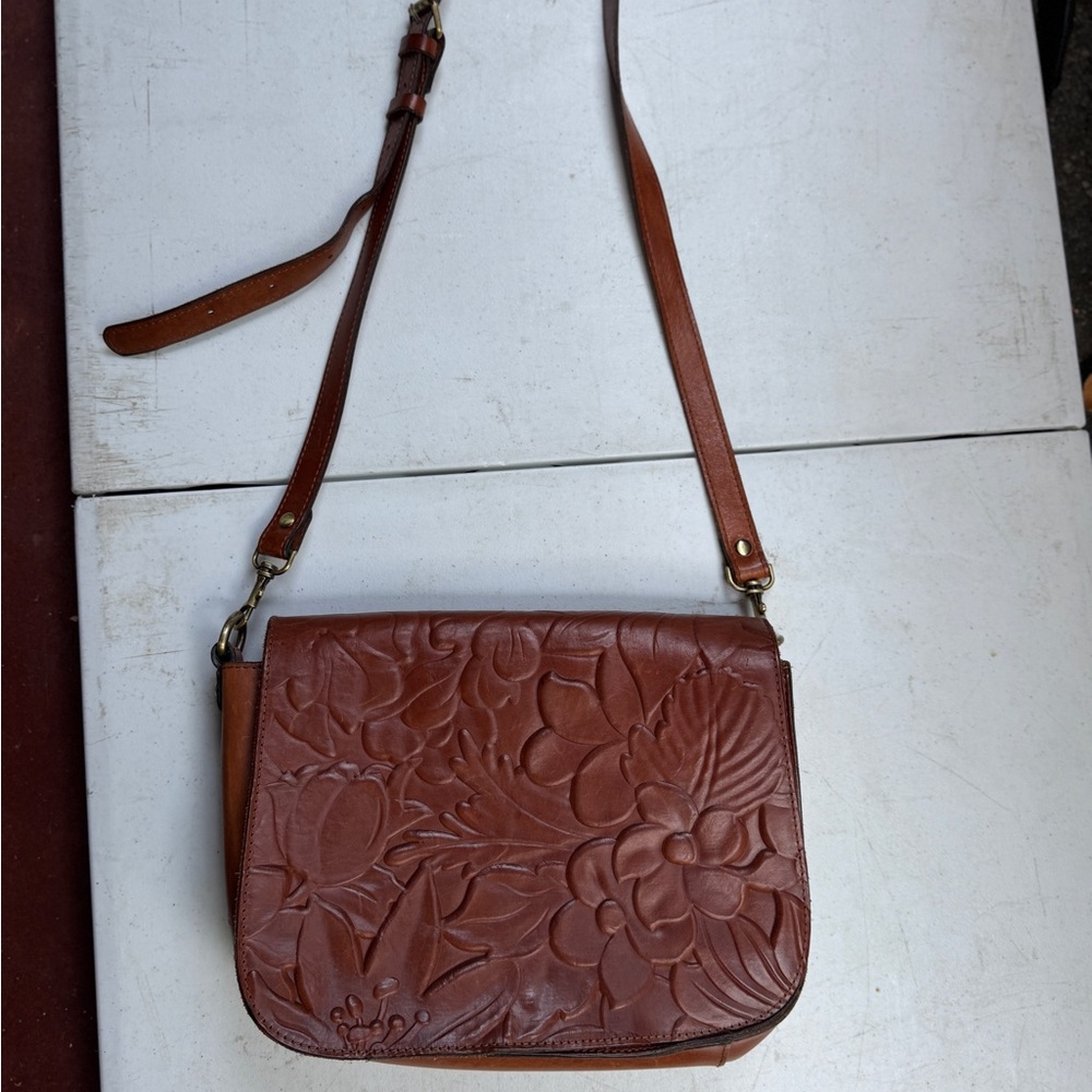 Patricia Nash Tan tooled Leather Floral Crossbody Bag